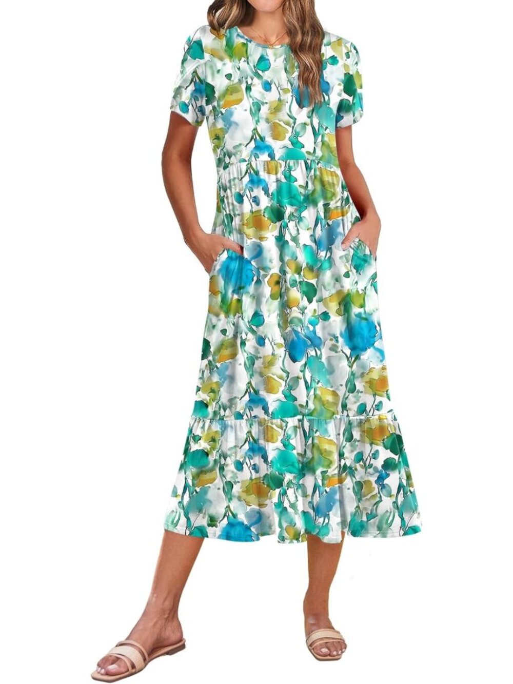 Summer Midi A-Line Dress for Women | Short Sleeve, Flowy, Tiered, Pockets